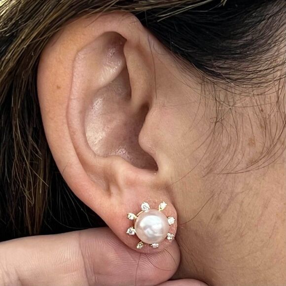 Diamond Akoya Pearl Earrings 14k Yellow Gold 9.5 mm Certified $3,975 018641 - Picture 1 of 16